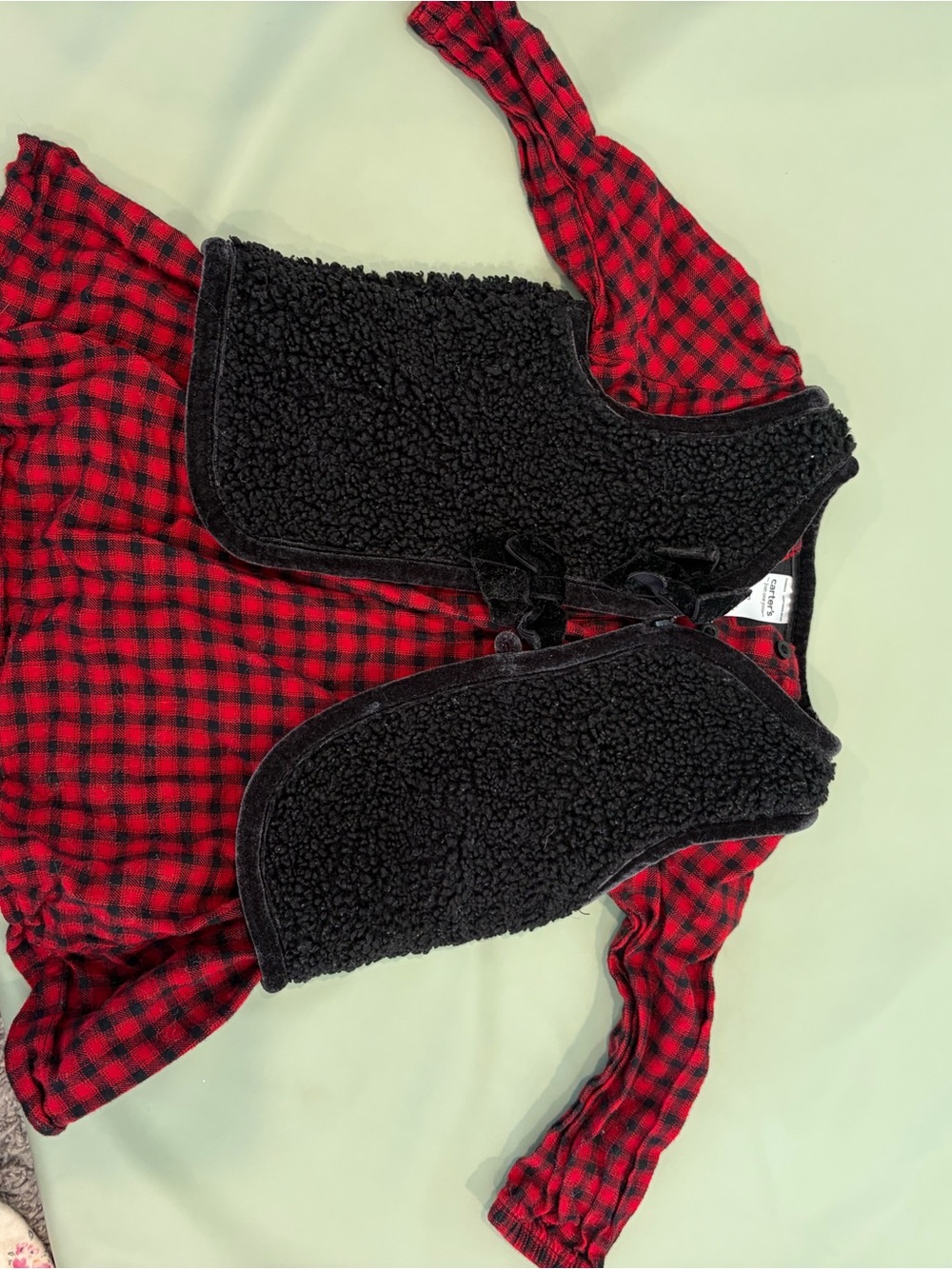 Baby Red Plaid dress with Black Sherpa Vest 9m